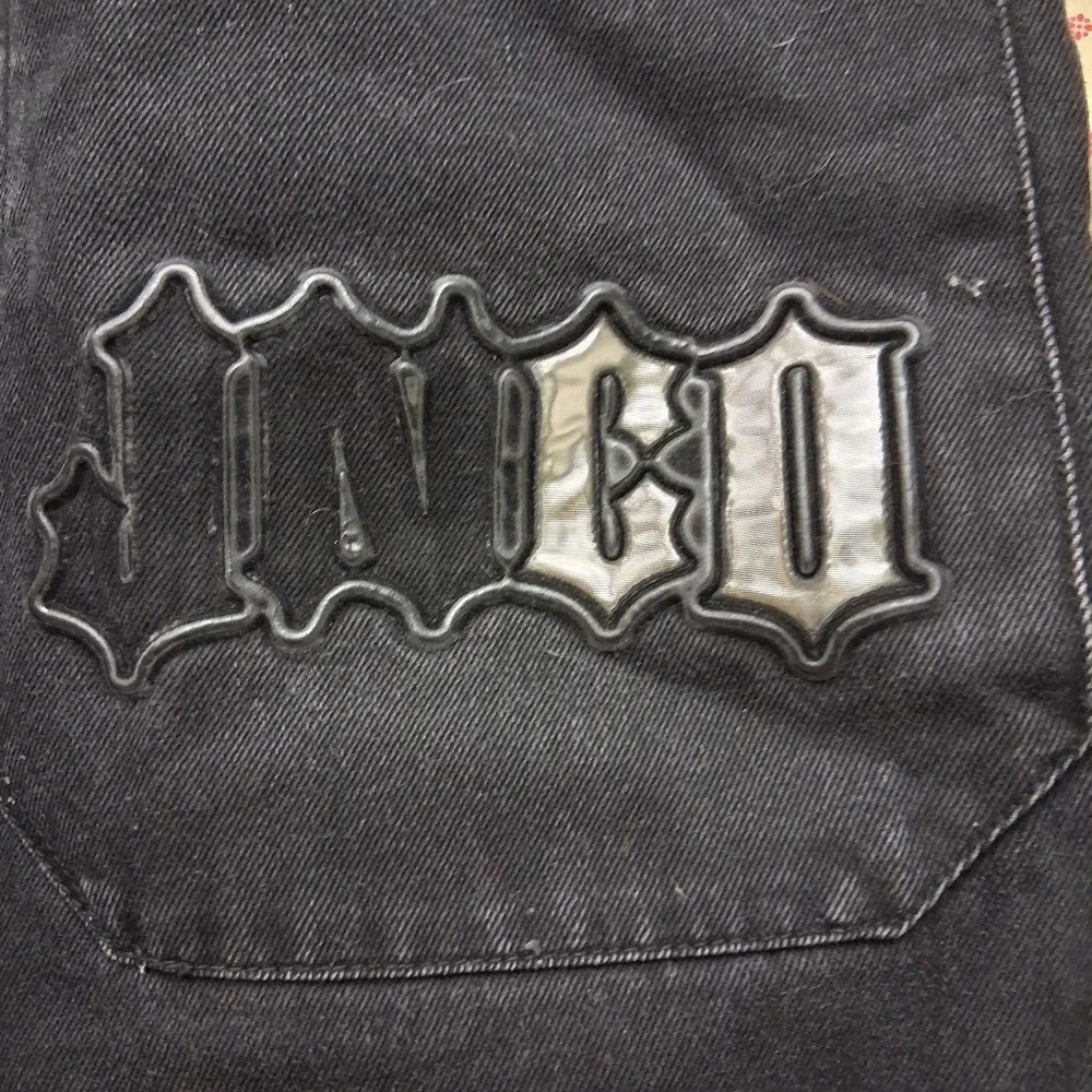 y2k Jnco Black Denim‎ Jeans Size 29x30 Gothic Spellout Double Back Pockets Wide